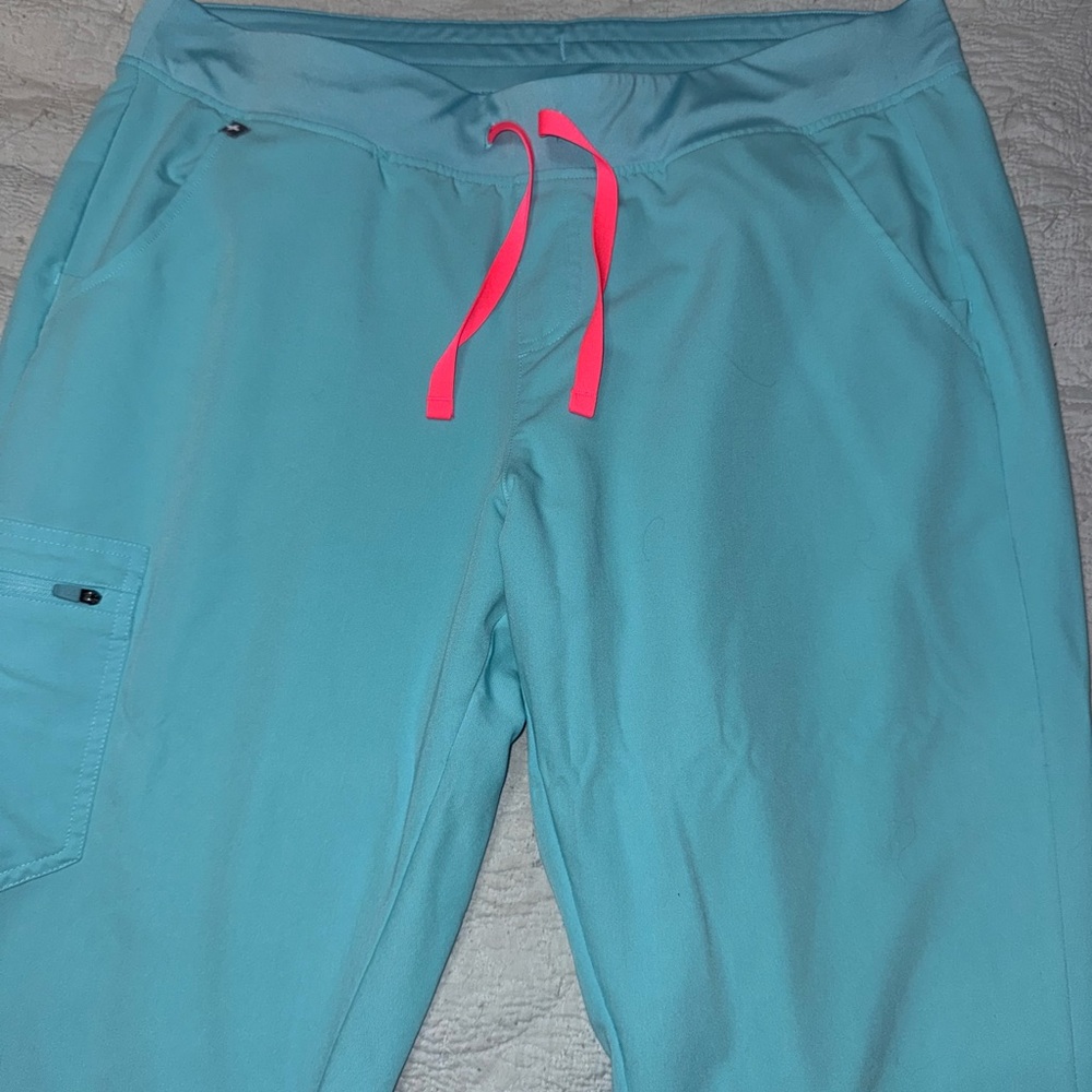 Figs Teal Blue Scrub Pants with Neon Pink Drawstring